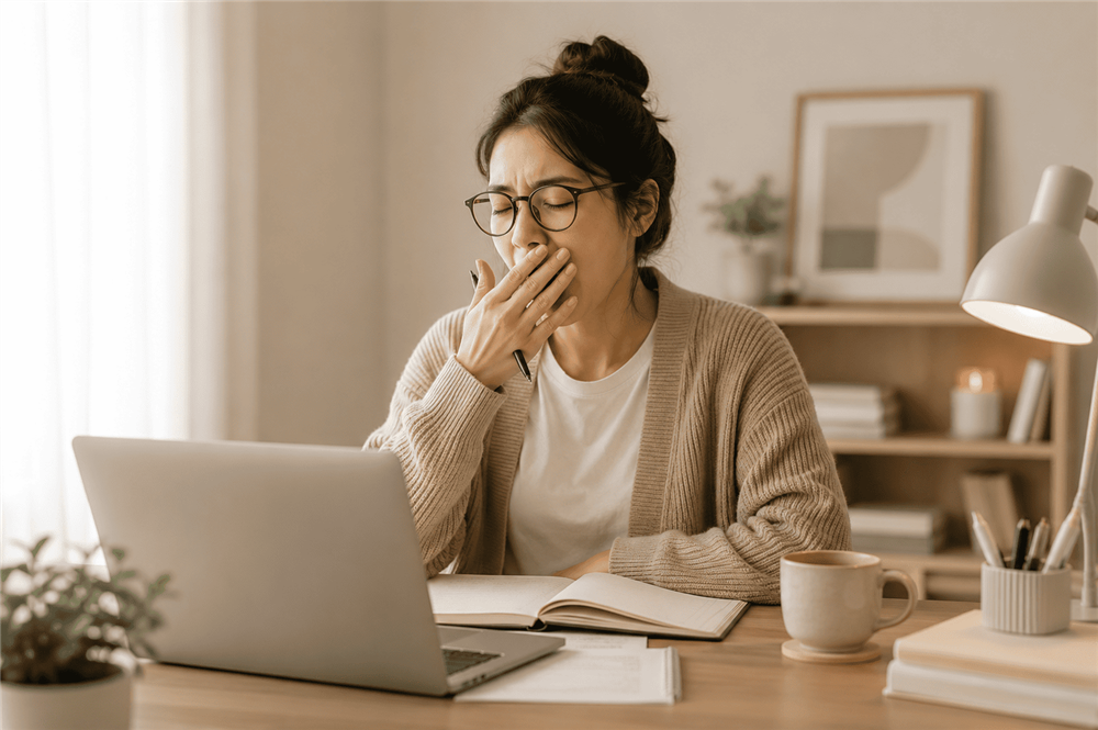 Woman yawning at a tidy desk with a laptop, notebook and coffee mug in a softly lit, neutral-toned home workspace.